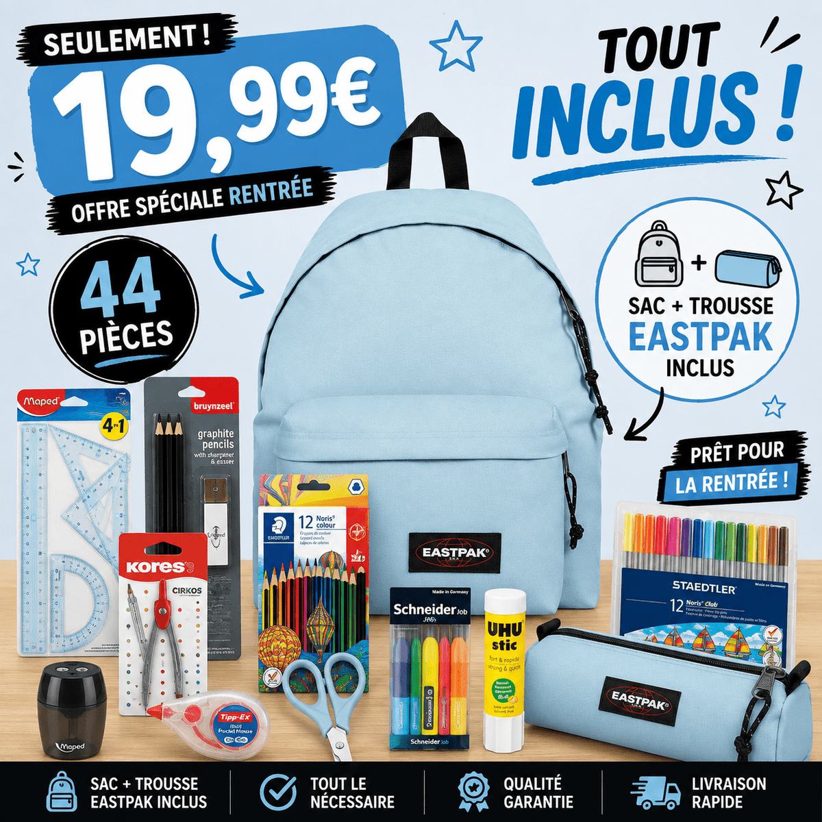 Pack Fournitures Scolaires + Sac & Trousse Eastpak (Bleu) - CitySportFrance