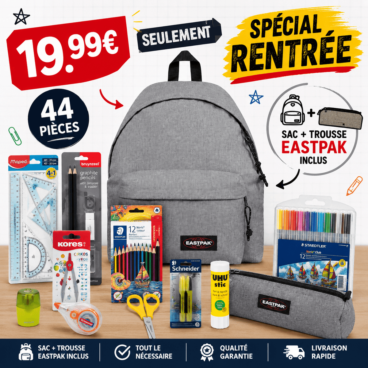 Pack Fournitures Scolaires + Sac & Trousse Eastpak (Gris) - CitySportFrance