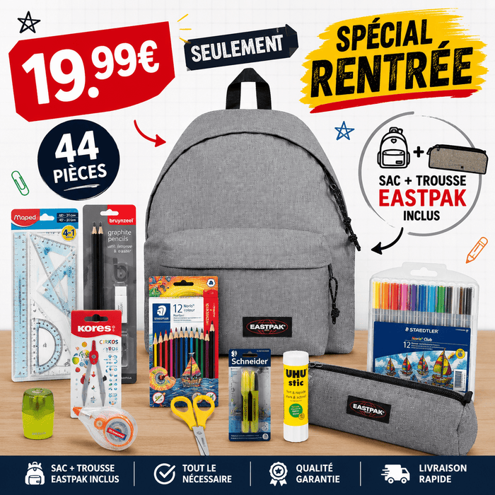 Pack Fournitures Scolaires + Sac & Trousse Eastpak (Gris)